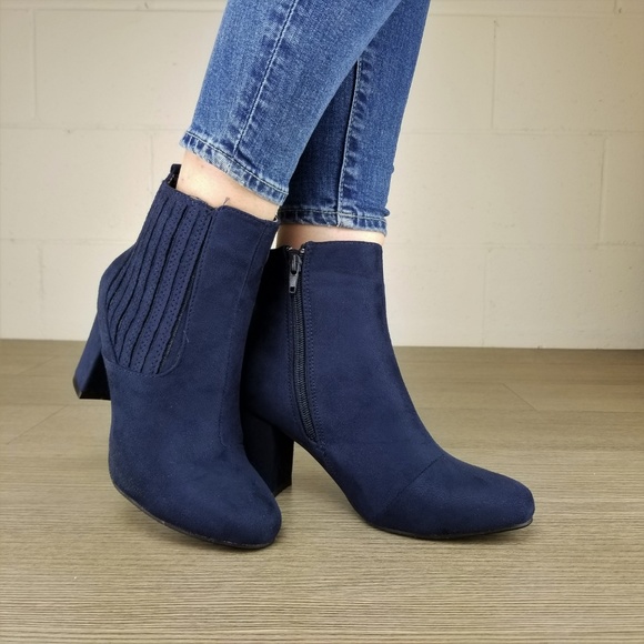 Vegan Suede Navy Bock Heel Ankle Bootie - Picture 5 of 7